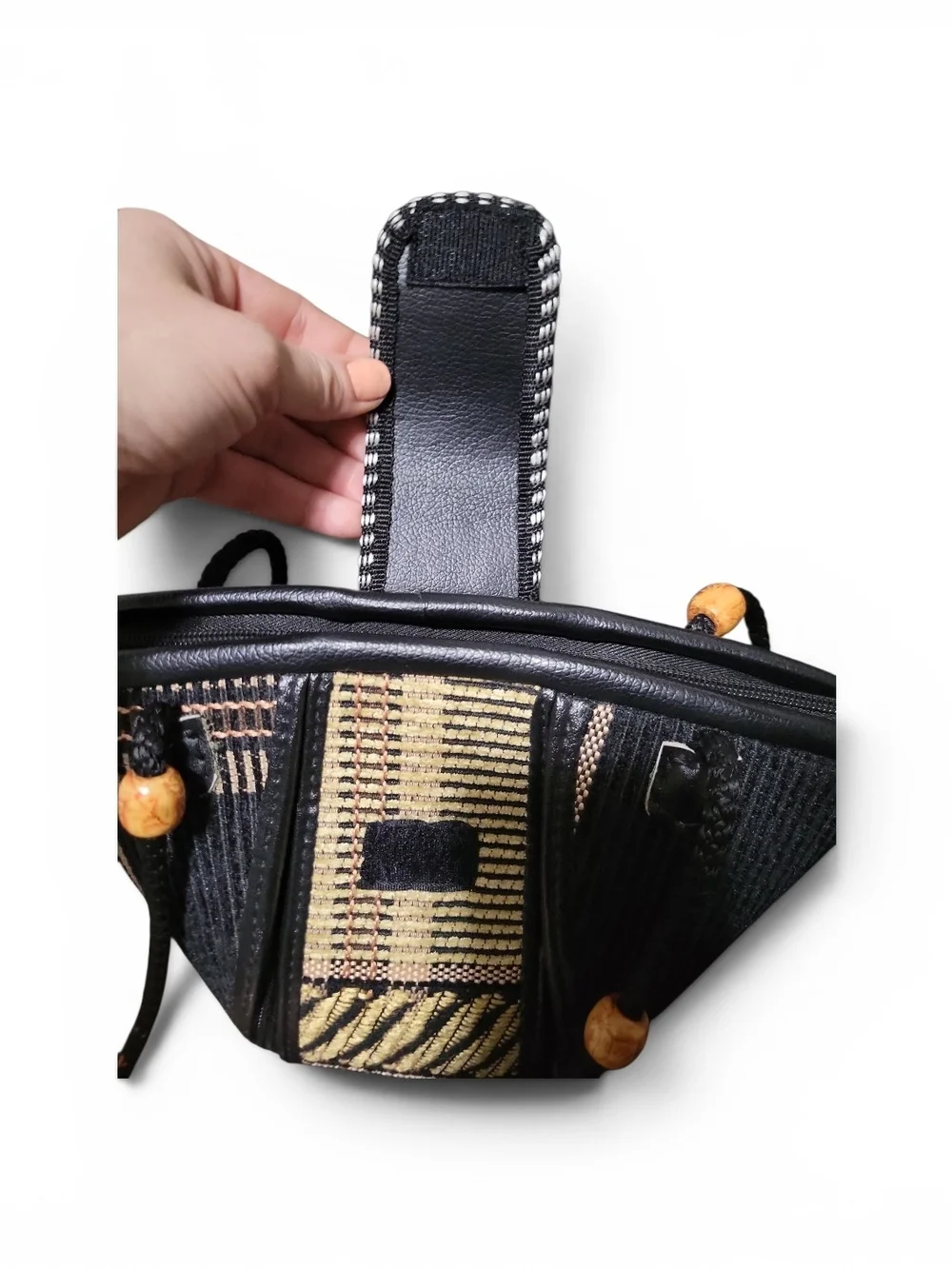 Boho Geometric  Black & Tan Zippper Shoulder Bag 7.5Hx12W